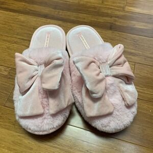 Victorias Secret Pink Faux Fur Velvet Bow Slippers Slides Size Large 9-10 Soft